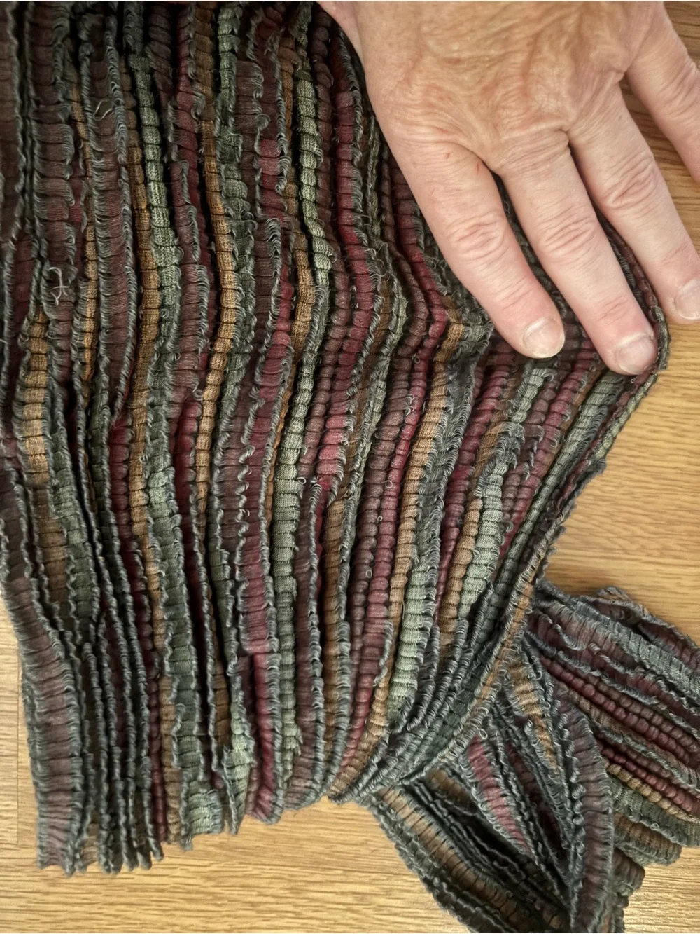 Sevya Handmade Wool/Silk Scarf in dark gray multi with fringe